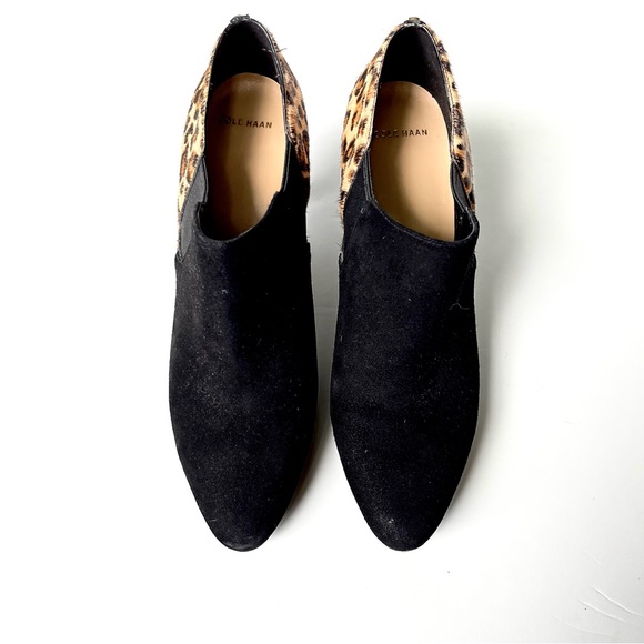 Cole Haan Raquel Suede & Calf-Hair Black and Leopard Print Heeled Ankle Bootie - Picture 5 of 10